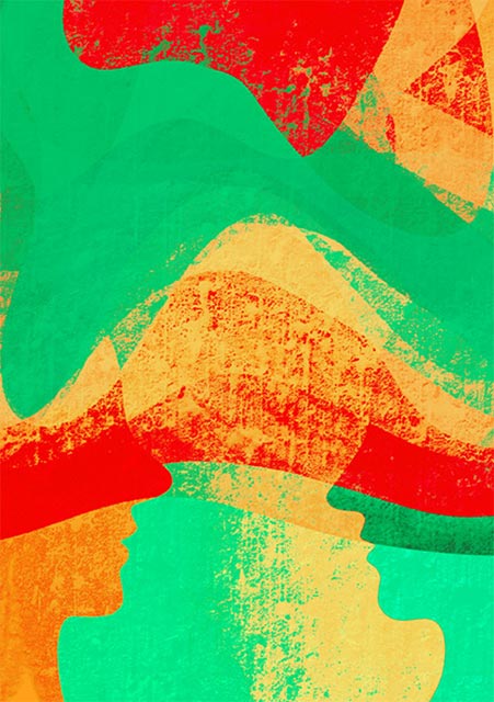 L'image est une abstraction géométrique audacieuse et vibrante composée de formes organiques entrecroisées dans des couleurs primaires vives - rouge, jaune, orange et vert, illustrant la rencontre éthique, culture et santé.